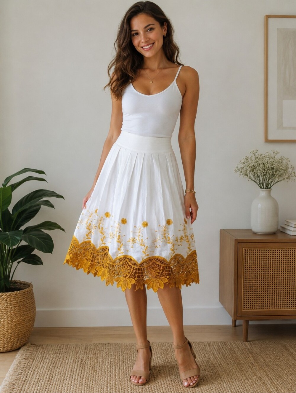 Magic White A-Line Skirt Gold Floral Embroidered Hem Size S